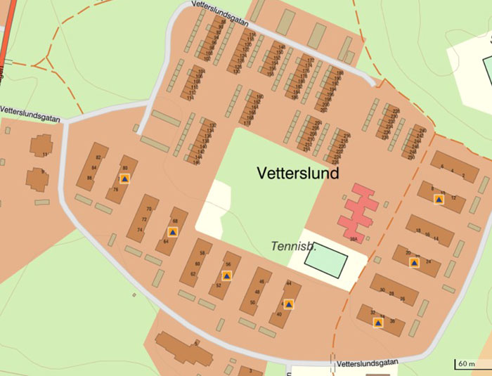 Karta över skyddsrum på Vetterslund med symbol för skyddsrum på den byggnad där det finns ett